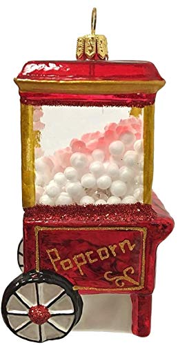 One Hundred Eighty Degrees Red Popcorn Machine Hand Crafted Glass Holiday Ornament with Ribbon