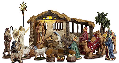 23 Pieces, 5-Inch The Real Life Nativity – Includes Lighted Stable, Palm Tree and Chests of Gold, Frankincense and Myrrh