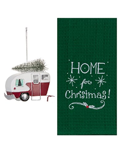 Ganz Christmas Decor Bundle – Vintage Tin Camper Ornament and Home for Christmas Kitchen Towel