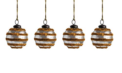 Creative Co-op Medium Ball Velvet Stripes, Set of 4 Glass Ornaments, Silver
