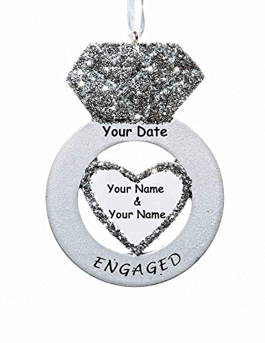 Personalized Glittered Diamond Engagement Ring Christmas Ornament for Engaged Couple with Free Couples Name and Date (Optional)