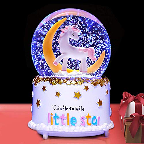 VECU Unicorn Snow Globe, Snow Cartoon Moon Music Box Home Decoration for Girls Kids Granddaughters Babies Birthday Gift, Musical, Resin/Glass (3.54 x 4.72 Inch)