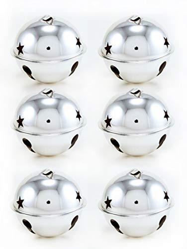 Large Jumbo Size Christmas Star Cutout Jingle Sleigh Bell Ornament 3″ Pack of 6 (Silver)