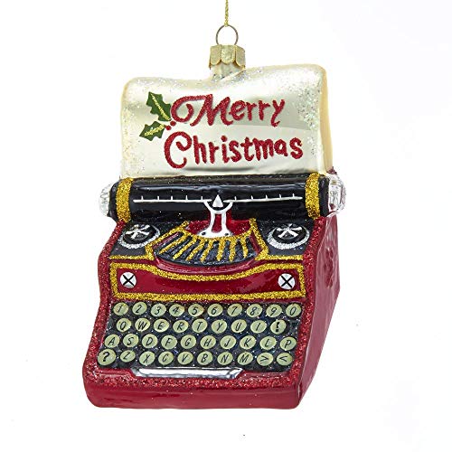 Kurt Adler Noble Gems Merry Christmas Typewriter Glass Hanging Ornament, 3.25 inches Tall