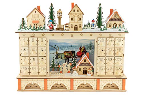 Clever Creations Traditional LED Wooden Advent Calendar Decoration | Festive Christmas Village Design with 24 Drawers | LED Christmas Lights and Santa Photo | Battery Operated
