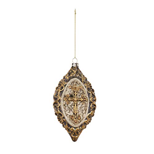 DEMDACO Cross Emblem Antiqued Goldtone Finial 3.5 x 6.5 Inch Glass Hanging Chistmas Ornament