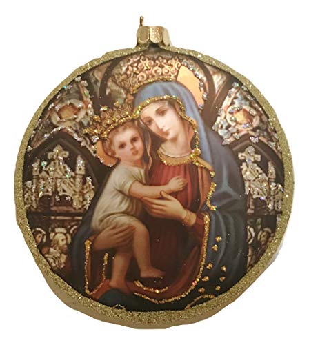 One Hundred Eighty Degrees Madonna and Child Handcrafted Glass Medallion Holiday Tree Ornament, 4″