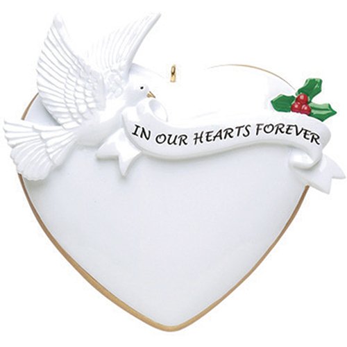 Personalized Our Heart Forever Christmas Tree Ornament 2019 – White Big Heart Gold Edges Peaceful Dove Hold Ribbon Angel Religious Pray God Heaven Wings Memorial Faith Year – Free Customization