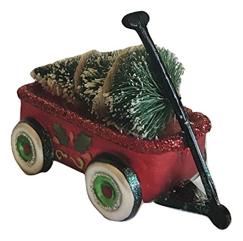 One Hundred Eighty Degrees Red Wagon Cart with Christmas Tree Glass Ornament, 4″