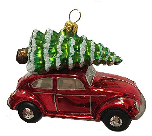 Pinnacle Peak Trading Company Red Volkswagen Beetle Car with Tree Polish Glass Christmas Ornament VW Bug