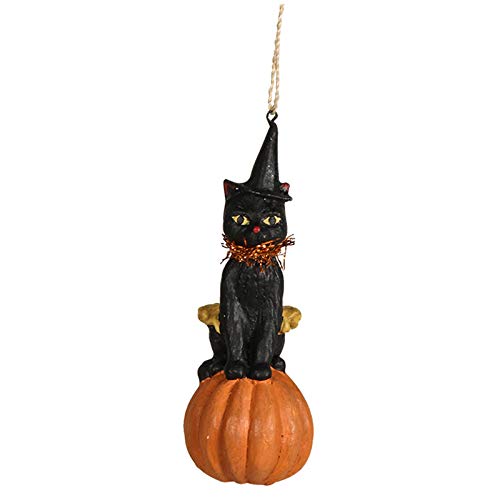 Bethany Lowe 3″ Black Patches Cat On Pumpkin Ornament Retro Vintage Style Halloween Decor