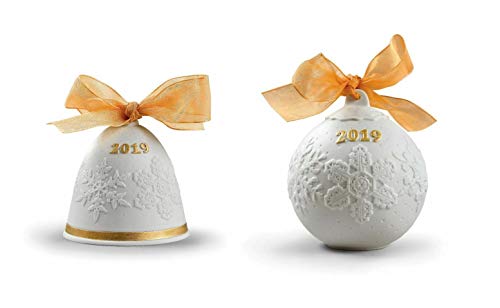 Lladro 2019 Christmas Bell & Ball Set in Golden Luster #18447 & #18444