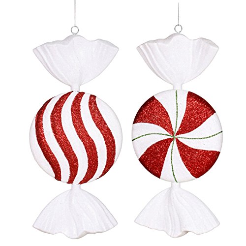 Vickerman Peppermint Candy Flat Round Ornament with Shatterproof Secure Cap in 2 styles assorted/PVC Box, 13″, Red/White/Green