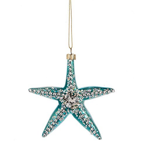 Aqua Blue Gem Sea Starfish 4 x 4 Inch Blown Glass Christmas Ornament