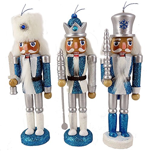Christmas Nutcracker Figure Soldier Ornaments Snow Fantasy Sparkle Blue and White Wood Set of 3