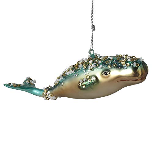 Midwest-CBK Teal Blue Whale Encrusted Glass Christmas Holiday Ornament 5 Inches
