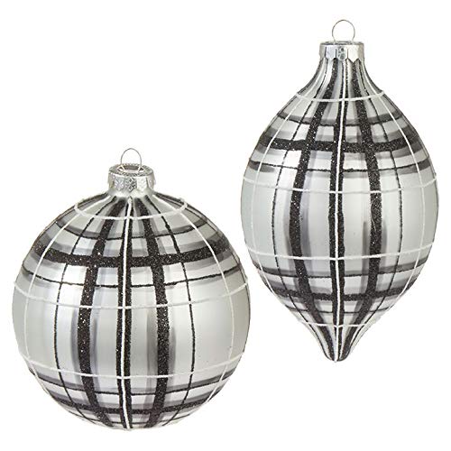 RAZ Imports Set of 2 Black and White Plaid Glass Christmas Ornaments 3924526