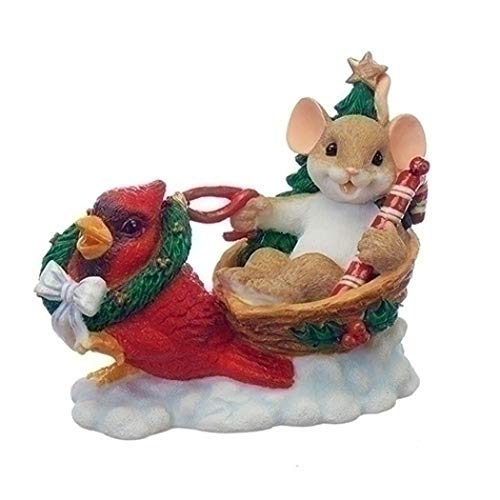 Roman – 4″MOUSE IN SLGH W/CARDINAL FIG BRINGIN’ A HAPPY HLDY YOUR WAY