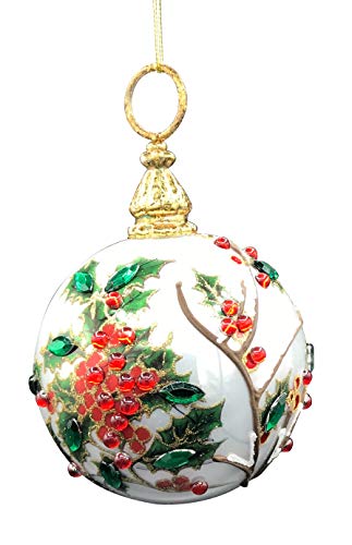 One Hundred 80 Degrees Blown Glass Holiday Foliage Ball Hanging Ornament 6 Inches Tall 3.75 Inch Diameter (Holly Berry)