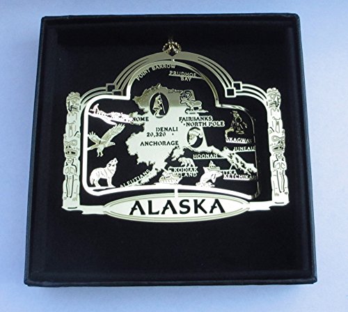 Alaska State Brass Ornament Black Leatherette Gift Box