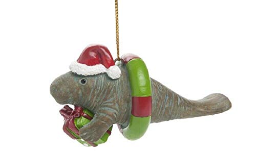 Beachcombers Manatee in Red and Green Life Ring Christmas Holiday Ornament Resin