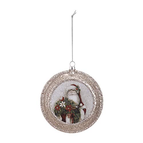 DEMDACO Botanical Santa Glittered 4.5 Inch Glass Hanging Christmas Disk Ornament