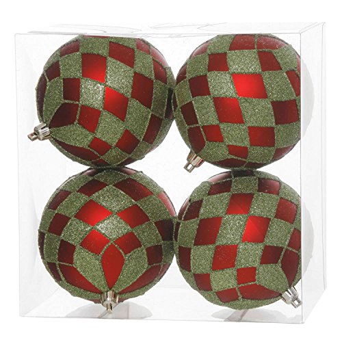 Vickerman Pack of 4 Matte Red and Lime Green Glitter Diamond Christmas Ball Ornaments 4″ (100mm)