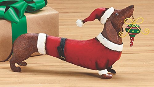 Hand-Painted Tin Metal Holiday Dachshund Dog Decoration with Santa Jacket (Red)