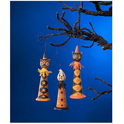 Bethany Lowe Set/3 Black Cat Owl Ghost Vintage Style Halloween Party Horn Tree Ornaments
