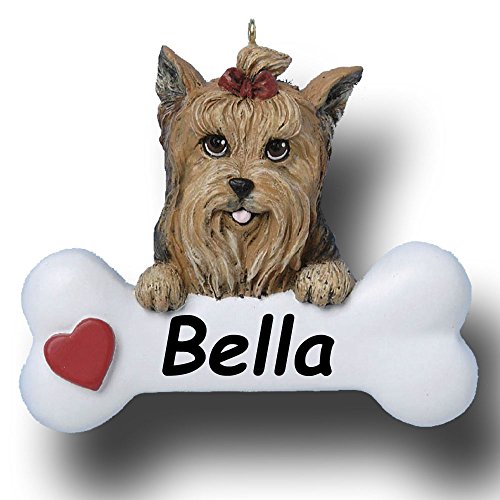 Personalized Yorkie Yorkshire Terrier Dog with Bow and Dog Bone with Red Heart Detail Hanging Christmas Tree Ornament with Custom Name – 3 inches