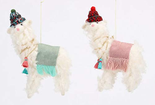 One Hundred 80 Degrees Wooly Llamas with Hats Christmas Holiday Ornaments Set of 2 Wool 7.5 Inches