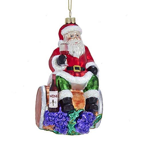 Kurt Adler Noble Gems Santa on Wine Barrel Glass Hanging Ornament, 5.5 inches Tall