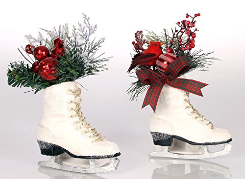 Set of 2 Polystone Cardinal Greenery Ice Skate Ornaments, 8 x 5 Inches