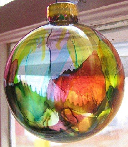 Christmas Ornament Alcohol Ink Stained Glass Globe Rainbow Color Handmade. Gold cap.