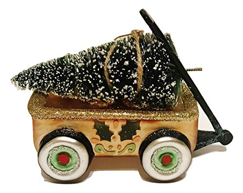 One Hundred 80 Degrees Gold Wagon Cart with Christmas Tree Glass Ornament, 4″