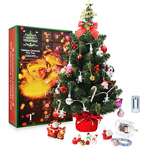 SWEET DIARY Christmas Advent Calendar Tabletop Christmas Tree 2019 Countdown Calendar 24 Days, 22″ Pine Tree Kids Boys Girl Xmas Gifts DIY Christmas Ornaments 24 Toys Home (Advent Calendar & Tree)