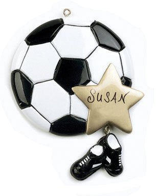 Personalized Soccer Player Sports Ball and Black Cleats Shoes with Gold Star Hanging Christmas Ornament with Custom Name
