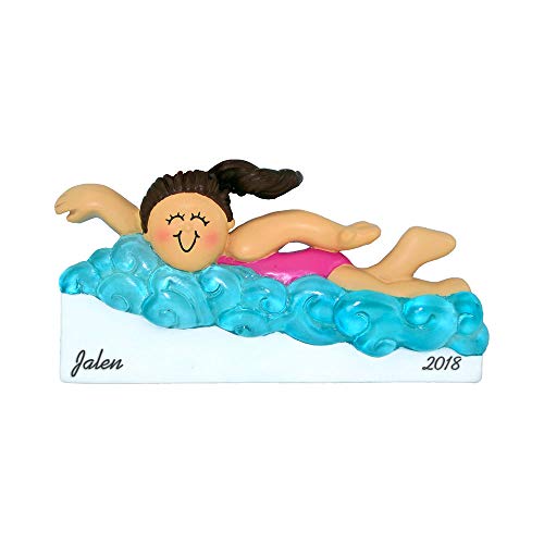 Calliope Designs Learning to Swim Female with Brown Hair Personalized Christmas Ornament