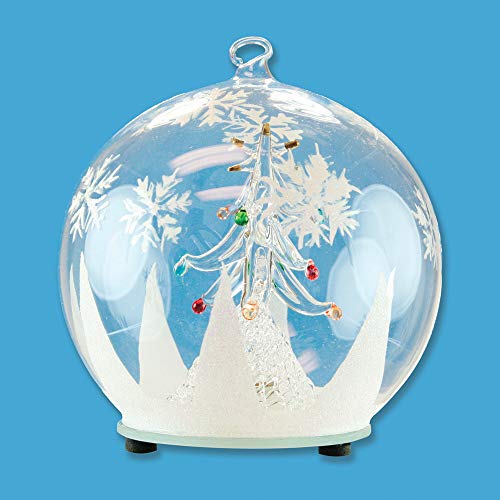 BANBERRY DESIGNS LED Glass Globe Christmas Tree Ornament with Tree Inside – Color Changing Lights – Clear Glass with Hand Painted Glitter Snowflakes 5 Inch Diameter