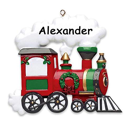 Rudolph and Me Personalized Train Christmas Ornament – Engine with Glittered Holiday Holly Wreath Christmas Tree Decoration – Custom Name