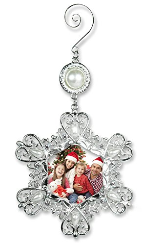 BANBERRY DESIGNS Christmas Photo Ornament – Silver Metal Snowflake with Crystals and Pearls – Hanging Snowflake Ornament – Filigree Snowflake