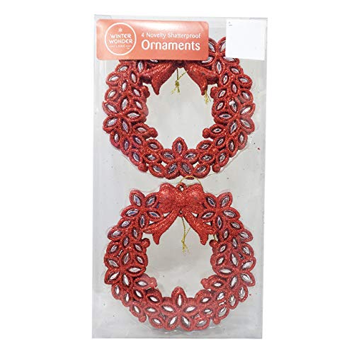 Winter Wonder Lane Set of Four Red and Silver Wreath Glitter Decorative Christmas Seasonal Holiday Ornaments