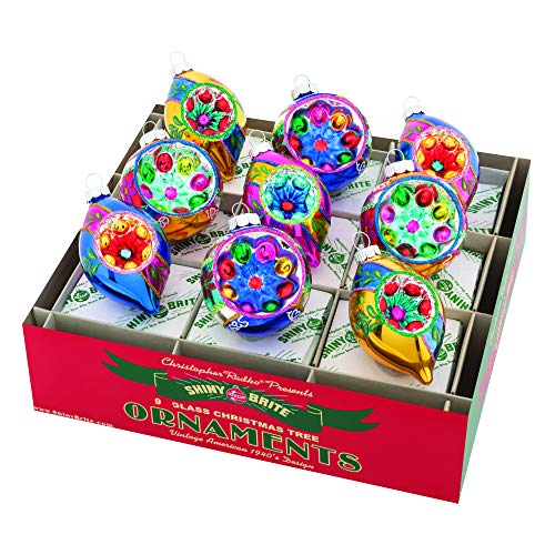Christopher Radko Decorated Reflector Round Tulip Colorful 3 inch Glass Holiday Ornaments Box of 9