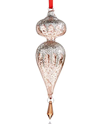 Holiday Lane 6-inch Blush Pink Rose Gold Mercury Glass Finial Christmas Ornament with Silver Glitter Accents
