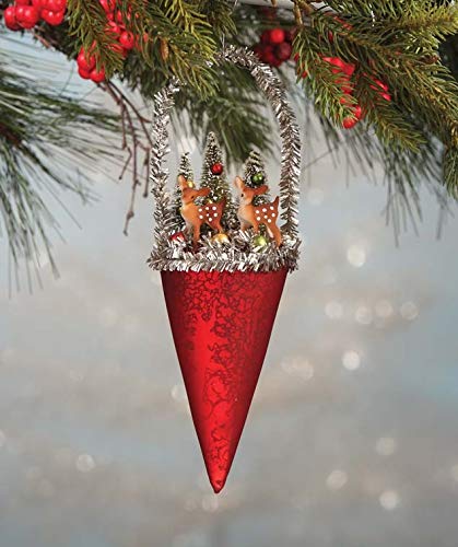 Bethany Lowe Traditional Fawn Cone Ornament – Mercury Glass with Deer and Bottlebrush Trees – 9″ x 3″