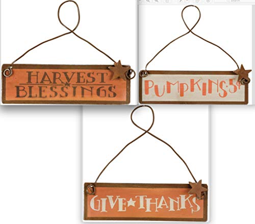 Primitives by Kathy Fall Thanksgiving Bundle Set 3 Small Tin Ornaments – Harvest Blessings – Give Thanks – Pumpkins – 4×1 Inch