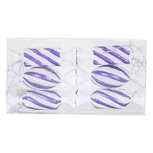 Vickerman and White Plastic Candy with Iridescent Glitter Ornaments, 3 Assorted Styles, 6 per PVC Box, 4″, Purple