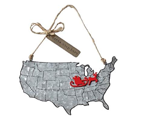 Santa Stop Here Galvanized Tin Map Ornament with Magnet