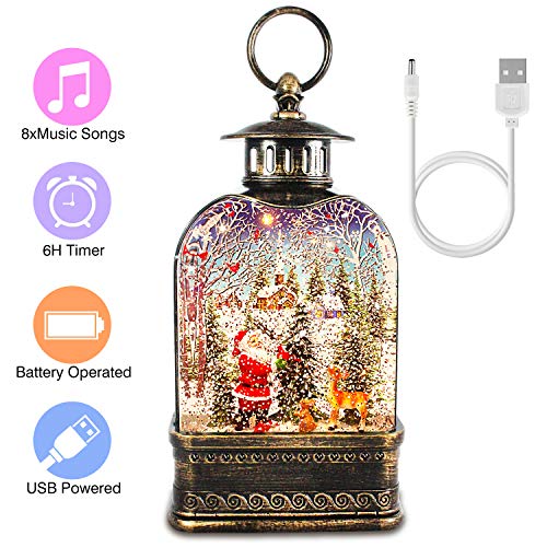 Snow Globe Lantern, Christmas Musical Water Lantern Decorative Glitter Santa Lantern for Kids’ Gift, Christmas Collectibles, Home Decoration, USB & Battery Operated, 8 Music Loops, Auto On/Off, Brown