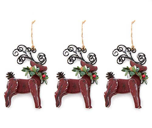 Holiday Winter Wonder Lane Red Rustic Wooden Deer 3-Piece Ornament Set | Indoor Seasonal Decorations for Christmas Tree